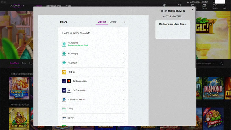 Métodos de pagamento disponíveis no JackpotCity Casino Brasil